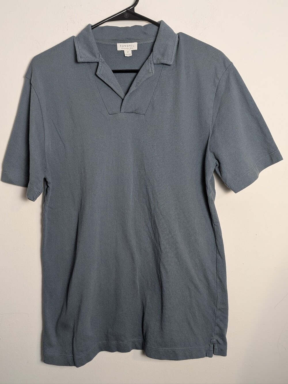Sunspel Polo Shirt open knit Gray pointelle cotton Johnny collar Sz M